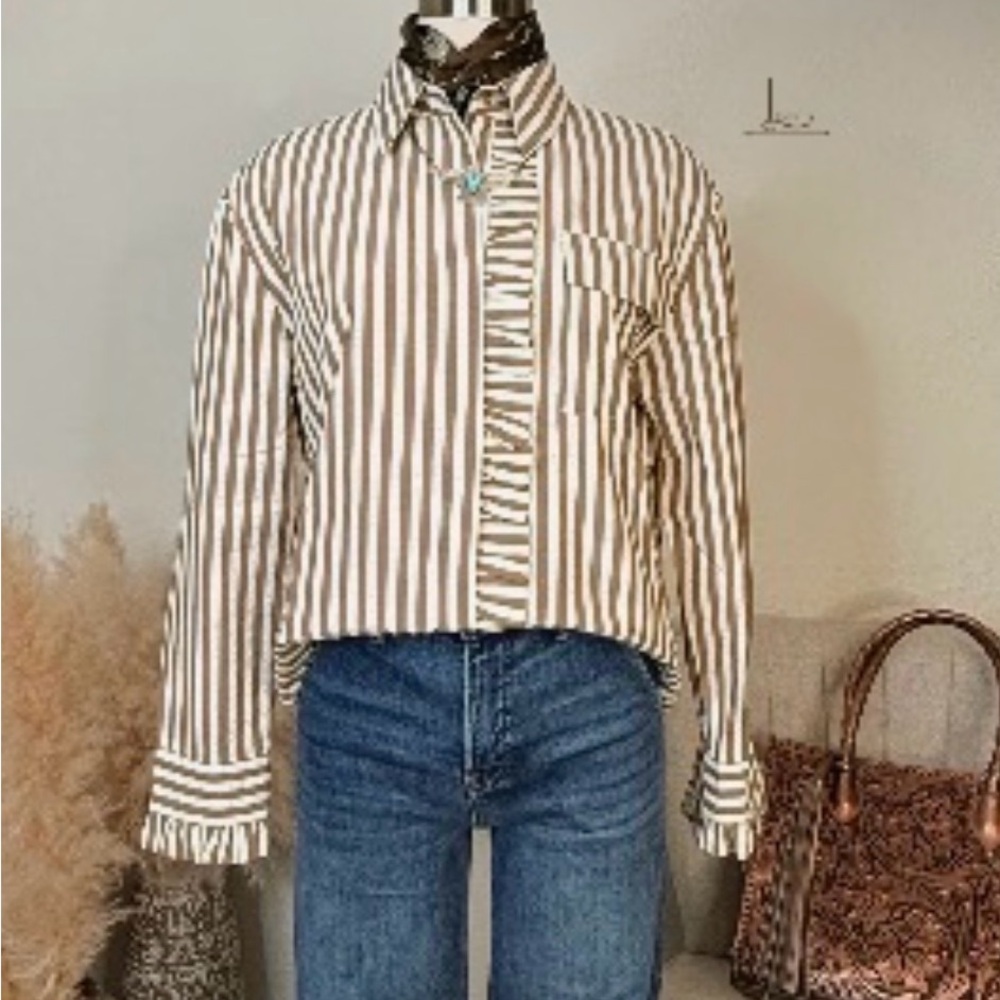 Striped Brown and White Button-Up Shirt